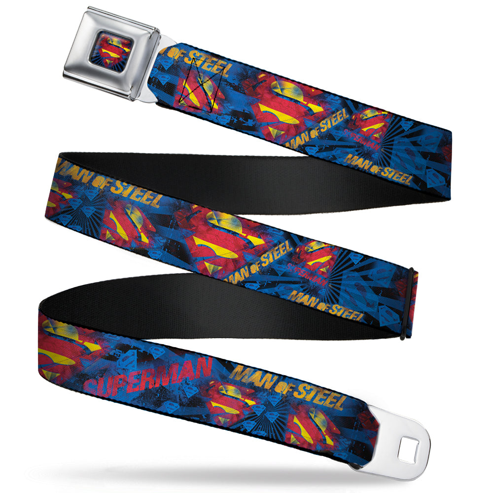 Superman Shield Rays Full Color Black Blue Red Yellow Seatbelt Belt - SUPERMAN MAN OF STEEL Shield Collage/Rays Black/Blues/Reds/Yellows Webbing