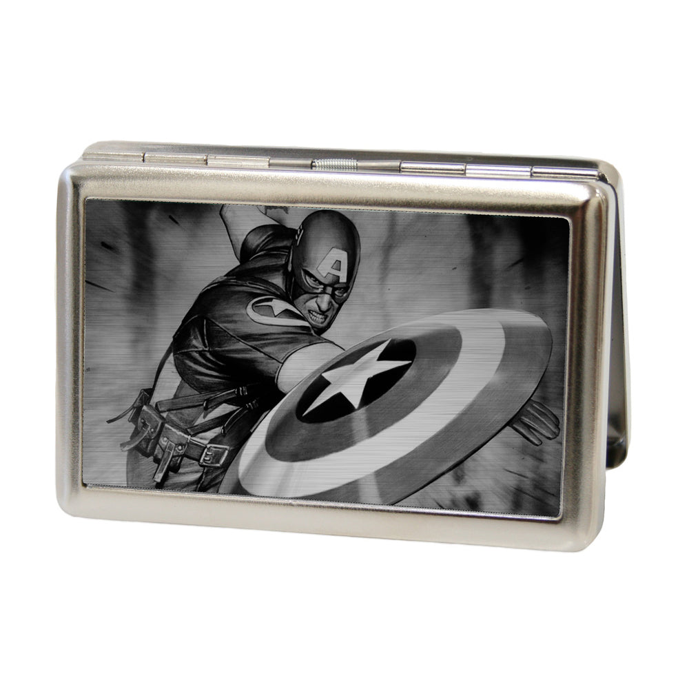 MARVEL UNIVERSE Business Card Holder - LARGE - Captain America Throwing Shield Pose Brushed Silver