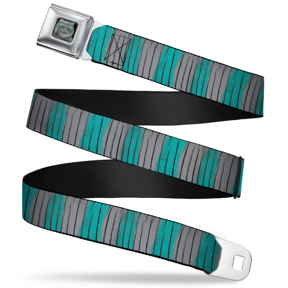 Alice Through the Looking Glass Cheshire Cat Pose Full Color Black Seatbelt Belt - Cheshire Cat Stripes Gray/Teal/Black Webbing