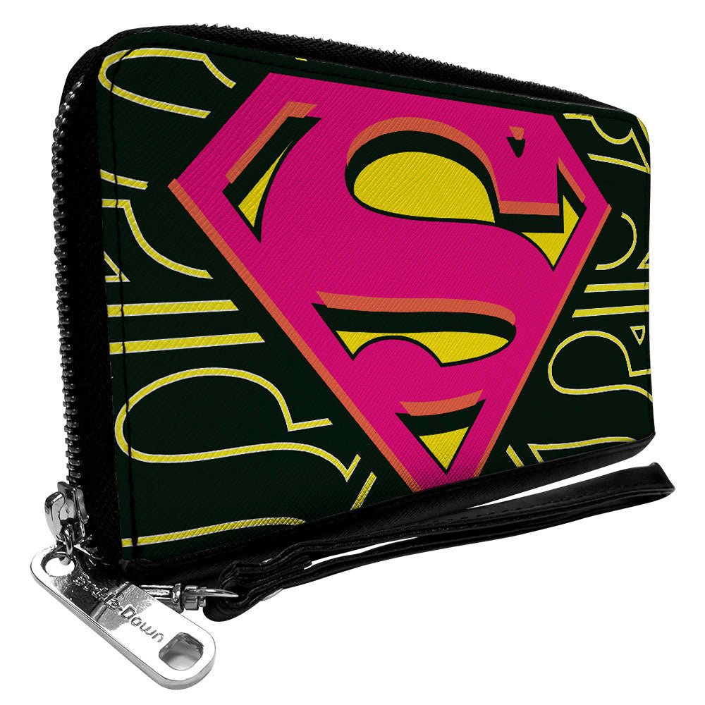Women&#39;s PU Zip Around Wallet Rectangle - Superman Shield CLOSE-UP Outlines Black Yellow Orange Hot Pink