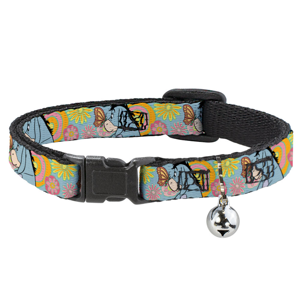 Cat Collar Breakaway with Bell - Winnie the Pooh Eeyore Butterfly Pose Floral Collage Blue Pinks Yellows