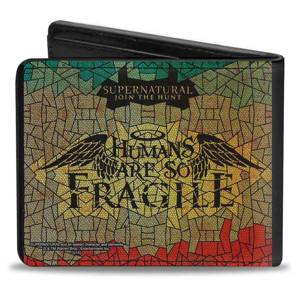 Bi-Fold Wallet - SUPERNATURAL-HUMANS ARE SO FRAGILE Stained Glass Black Greens Yellows Red