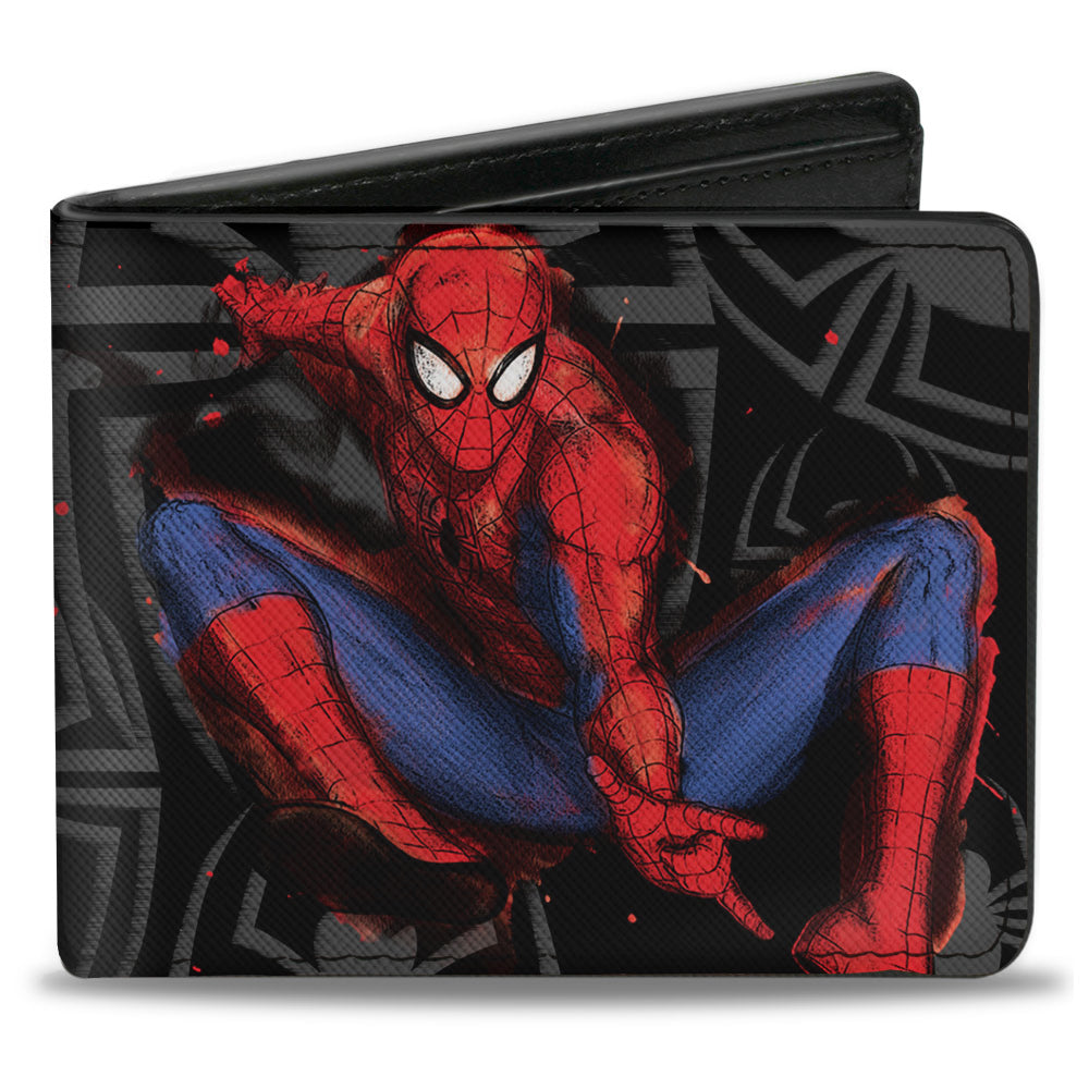 2017 MARVEL SPIDER-MAN Bi-Fold Wallet - Spider-Man Jumping Pose Sketch Scattered Spiders Black Gray Red Blue