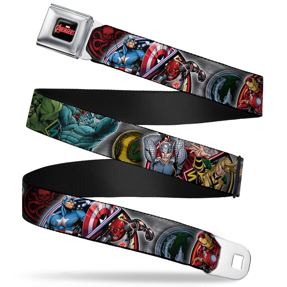 MARVEL AVENGERS MARVEL AVENGERS Logo Full Color Black Red White Seatbelt Belt - Marvel Avengers Superhero/Villain Poses Webbing