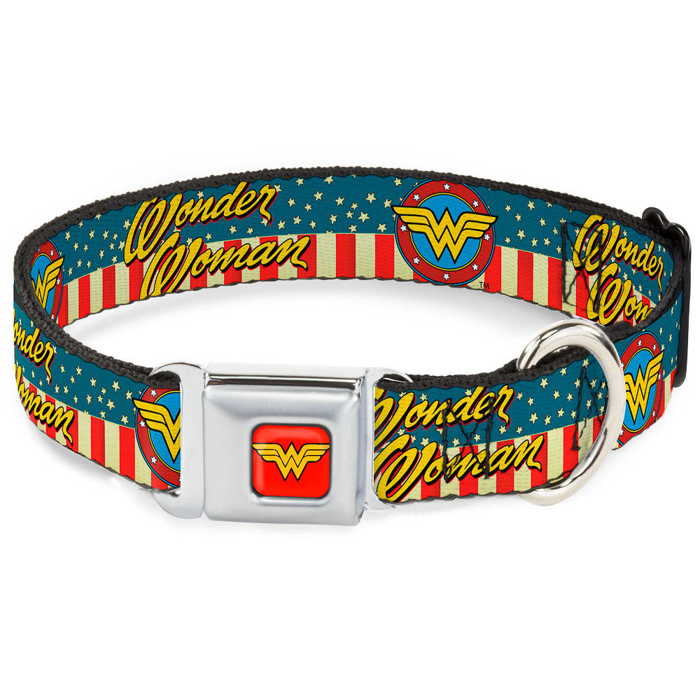 Wonder Woman Logo Full Color Red Seatbelt Buckle Collar - WONDER WOMAN/Logo Americana Red/White/Blue/Yellow