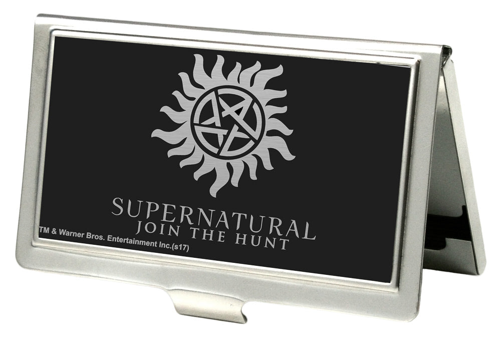 Business Card Holder - SMALL - Winchester Pentagram SUPERNATURAL-JOIN THE HUNT Reverse Brushed
