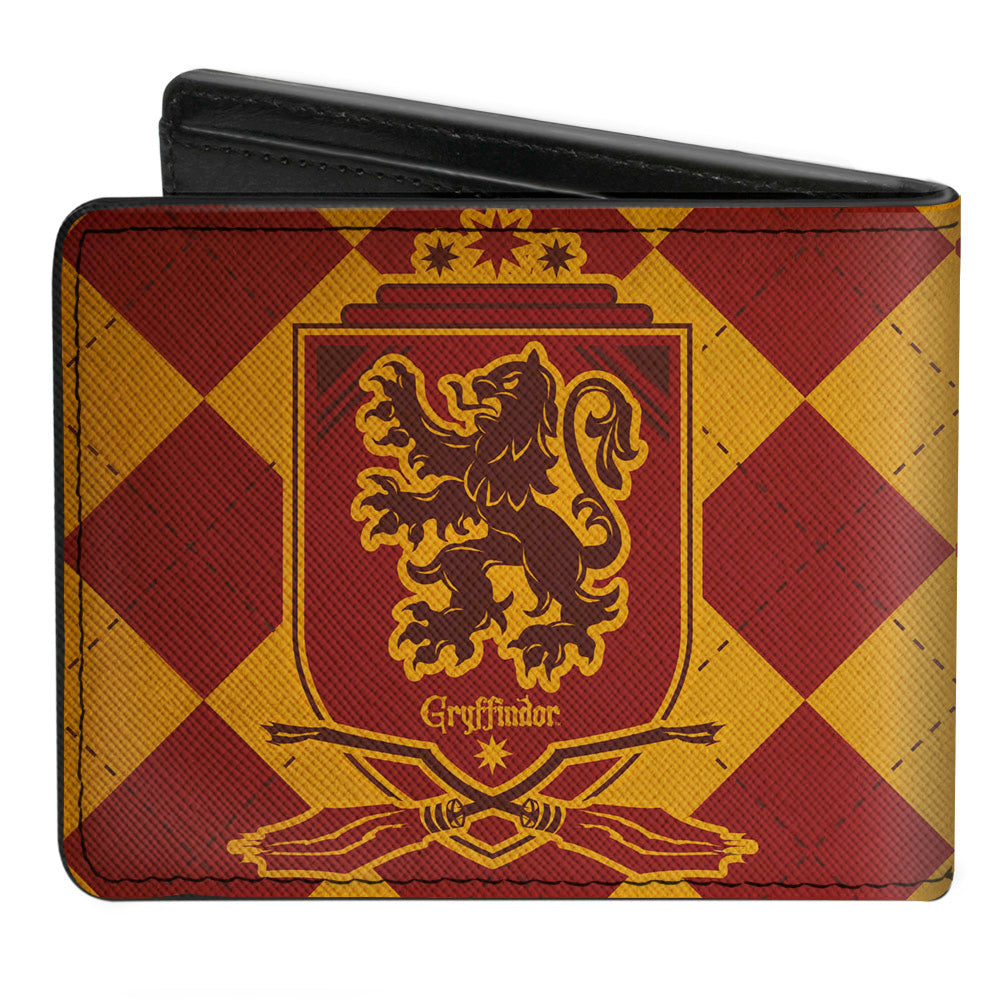Bi-Fold Wallet - Harry Potter GRYFFINDOR Shield Brooms Argyle Gold Burgundy Reds