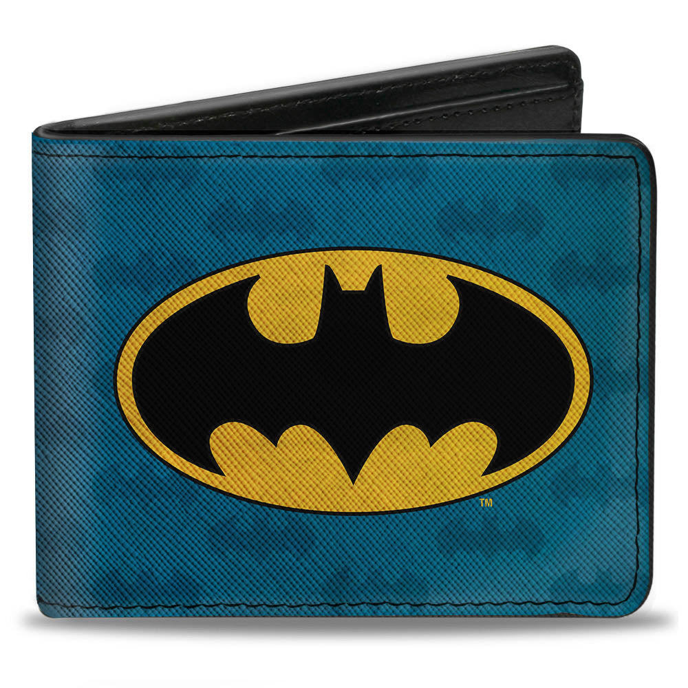 Bi-Fold Wallet - Batman Signal Bat Monogram Distressed Blues Black Yellow