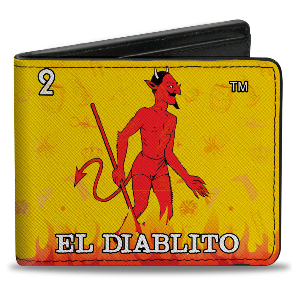 Bi-Fold Wallet - Loteria EL DIABLITO Devil Pose + Loteria Logo Flame Yellow Reds