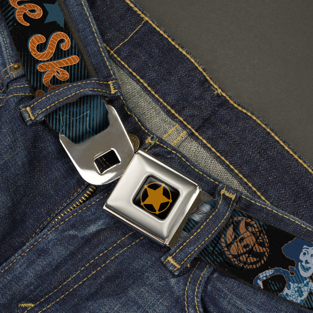 Woody Sherriff Star Reverse Brushed Gold Seatbelt Belt - Woody REACH FOR THE SKY Denim Blue Print Webbing
