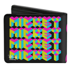 Bi-Fold Wallet - CMYK Mickey Mouse Walking Pose + MICKEY MOUSE Pixel Text Black Multi Neon