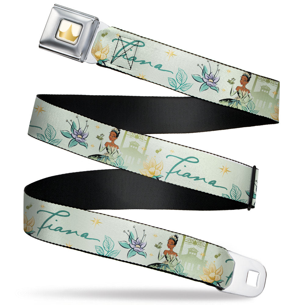 Disney Princess Crown Full Color Golds Seatbelt Belt - The Princess and the Frog Tiana Palace Pose with Script and Flowers Greens Webbing