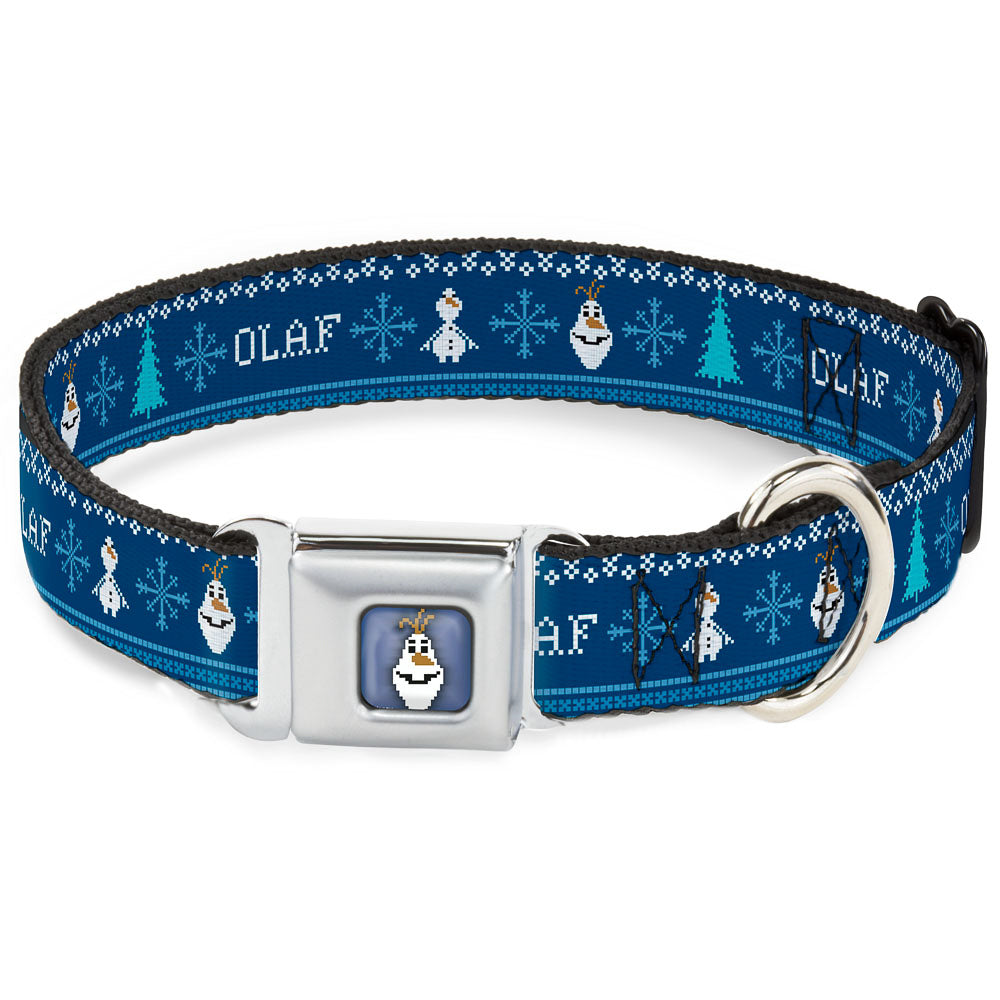 Olaf Face Snowflakes Stitch Full Color Blues White Seatbelt Buckle Collar - Olaf/Snowflakes Stitch Blues/White