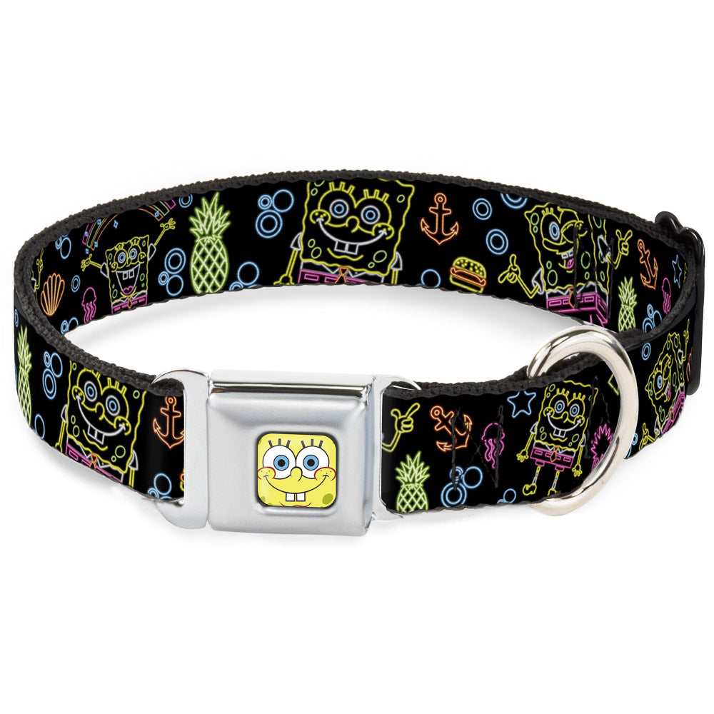 SpongeBob Face CLOSE-UP Full Color Seatbelt Buckle Collar - Electric SpongeBob Poses/Elements Black/Multi Color