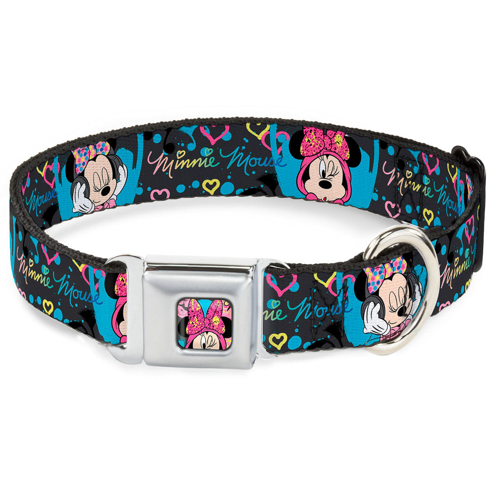 Minnie Mouse Winking CLOSE-UP Full Color Multi Color Seatbelt Buckle Collar - Minnie Mouse Hoody &amp; Headphone Poses Gray/Multi Color