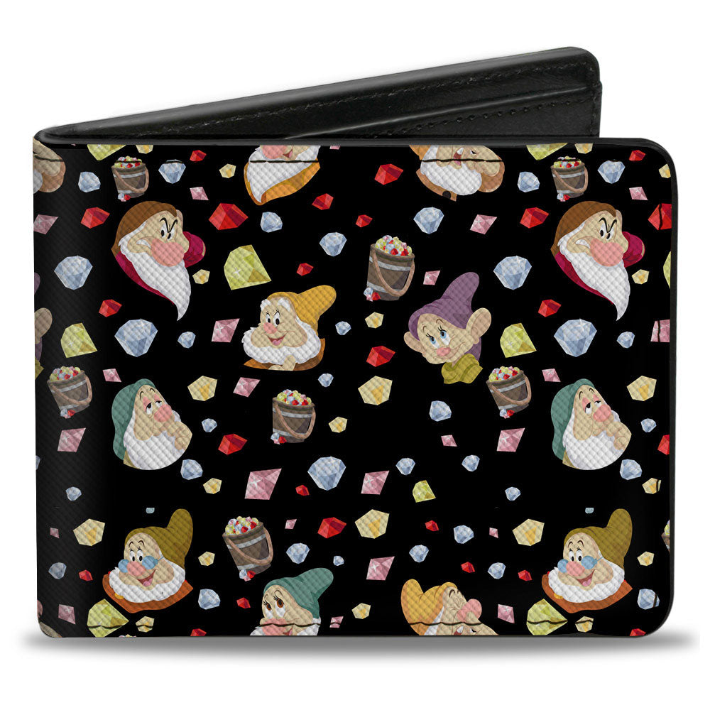 Bi-Fold Wallet - Snow White the Seven Dwarfs Expressions and Diamonds Scattered Black Multi Color
