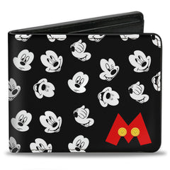 Bi-Fold Wallet - Mickey Mouse 5-Expressions Button Logo Black White Red Yellows
