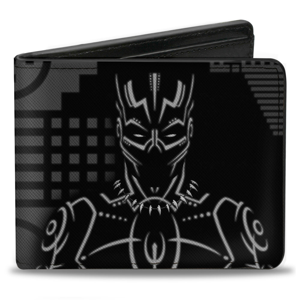 MARVEL AVENGERS Bi-Fold Wallet - Black Panther Tribal Silhouette Pose + Icon Black Grays