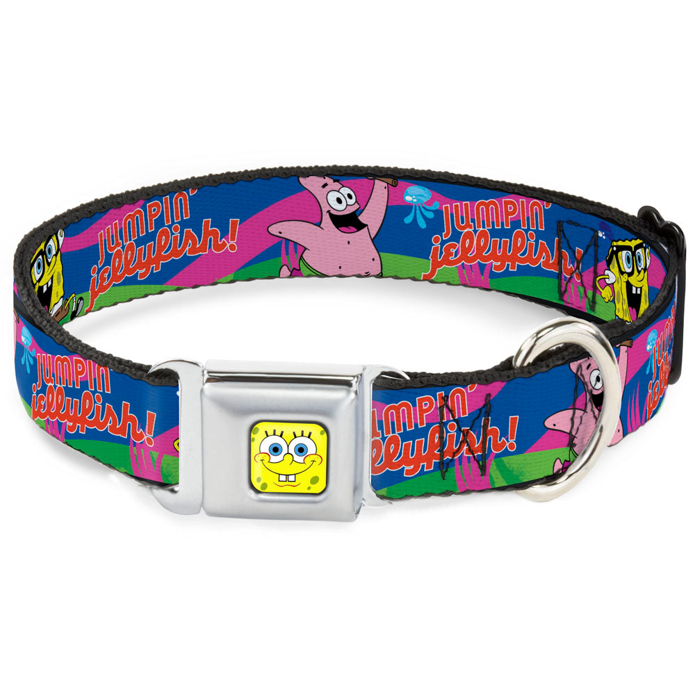 SpongeBob Face CLOSE-UP Full Color Seatbelt Buckle Collar - Nerd SpongeBob &amp; Patrick Starfish Running JUMPIN&#39; JELLYFISH! Multi Color/Red