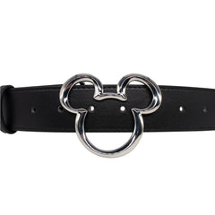 Mickey Ears Outline Silver Cast Buckle - 1.5 Inch Wide Black Vegan Leather Strap Belt